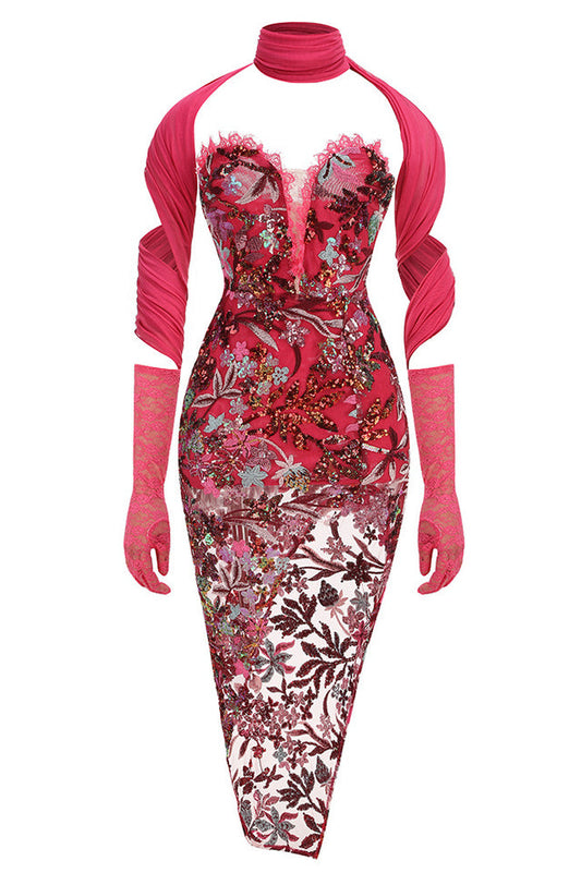 Buz Sequin Flower Embroidery Maxi Dress