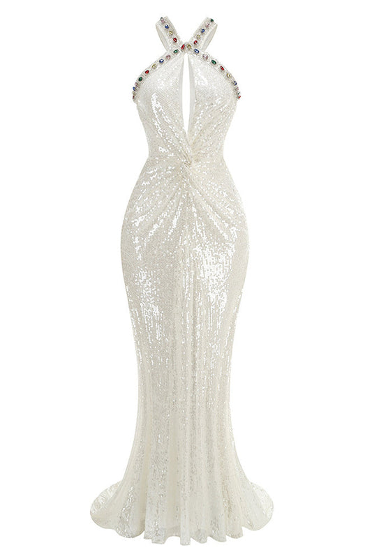 Bobbie White Halter Sequin Maxi Dress