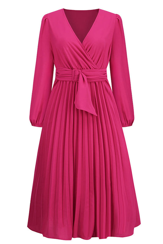 Pleated Belt V-Neck Dress