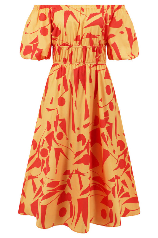 Printed Off Shoulder Balloon Sleeve Dress