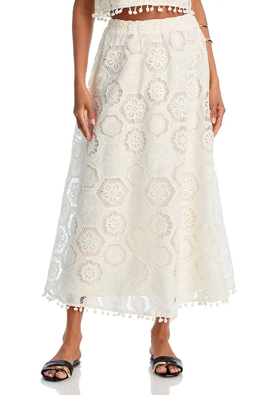 Capri Bloom Skirt – Embroidered Lace Tassel Midi