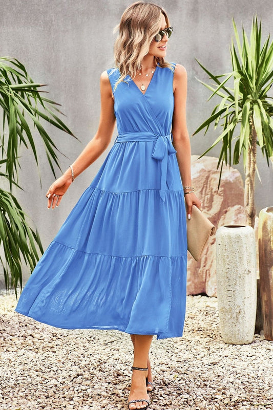Tie-Waist Side Split Surplice Dress