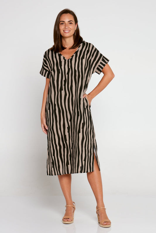 Esiteri Cotton Dress - Brown/Black Stripe
