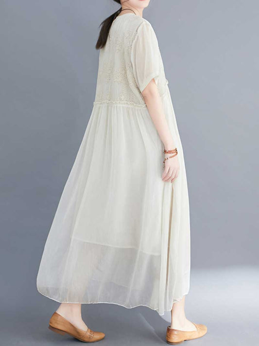 Embroidered Silk Round-Neck A-Line Dress