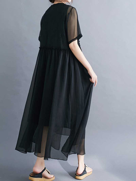 Embroidered Silk Round-Neck A-Line Dress