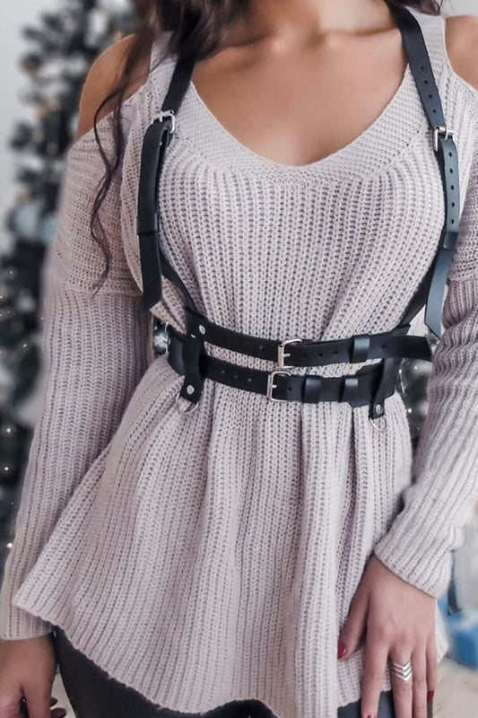 Stylish Leather Waist Corset Belt on Shoulder Strap Tassel Detailed Dress