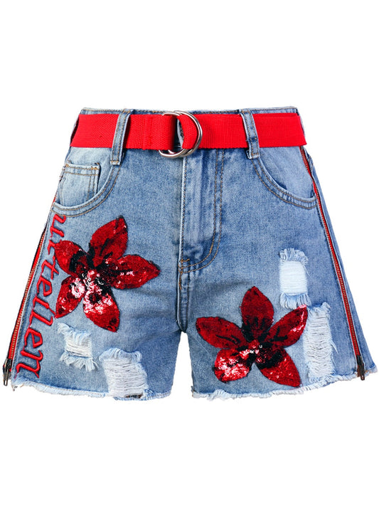 Red Floral Denim Short