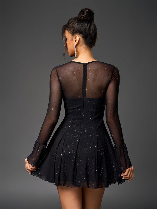 Flounce Sleeve Tie Front Glitter Mesh Flared Dress