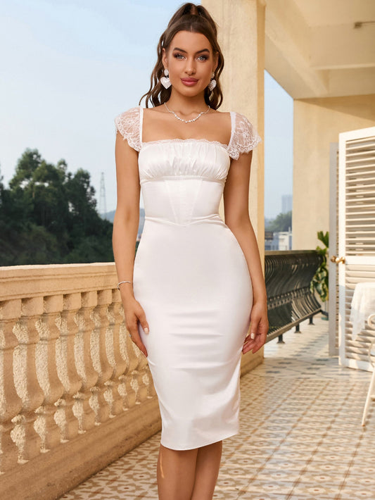 Lace Strap Bodycon Satin Pencil Dress