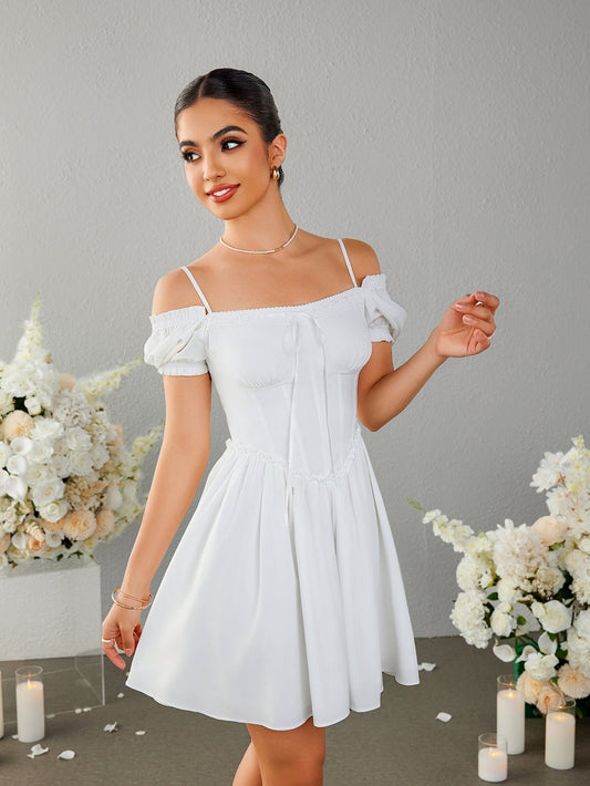 Off Shoulder Crisscross Tie Back Mini Dress
