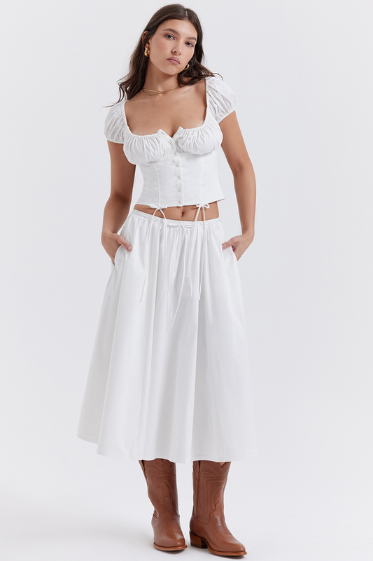 Cora White Gathered Top + Skirt Set