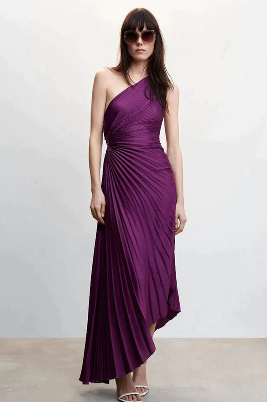 Catalina One Shoulder Pleated Satin Dress
