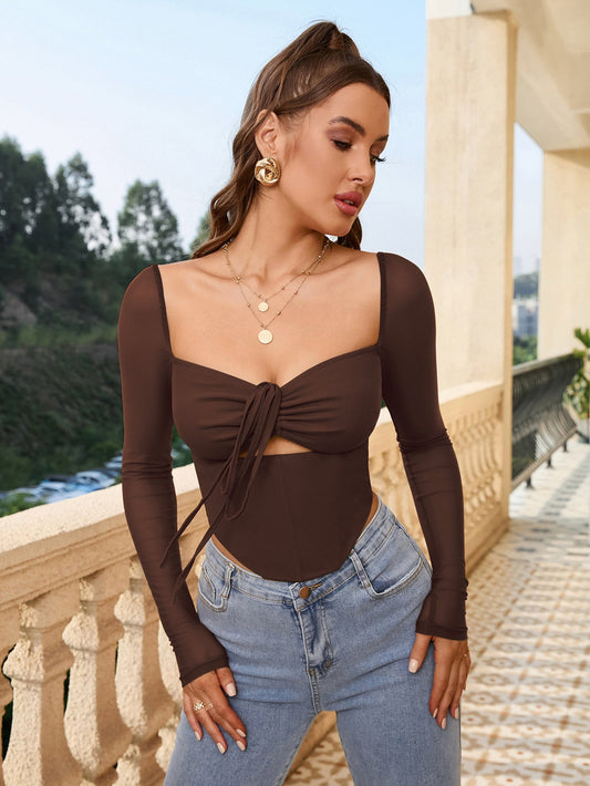 Square Neck Tie Front Cut Out Crop Top