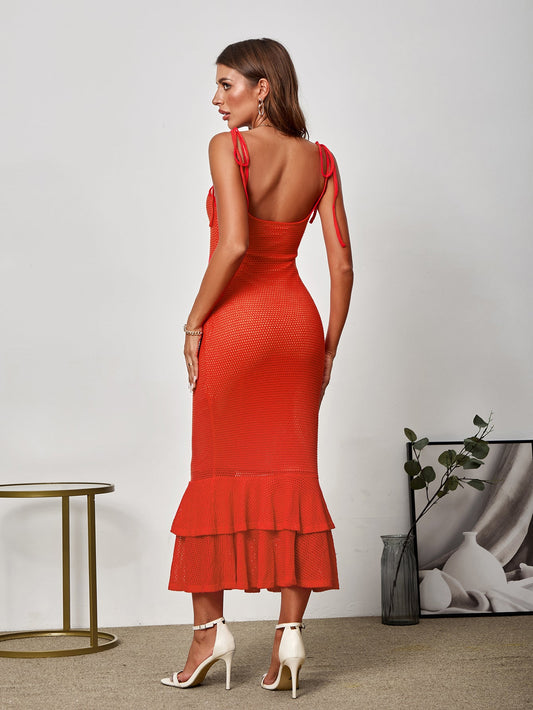 Tie Shoulder Ruffle Trim Mermaid Cami Dress