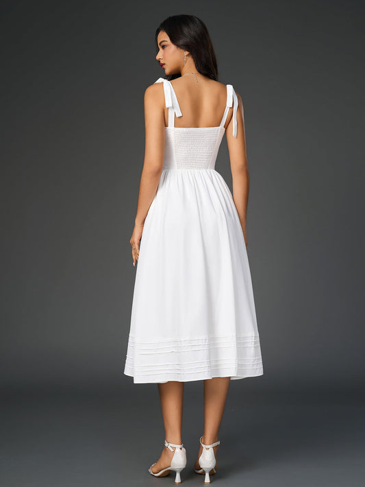 Tie Shoulder V-Neck Pleated Pocket Solid Dress