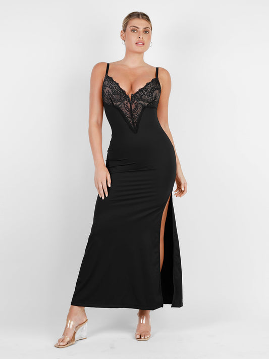 Built-In Shapewear Lace Slip Split Maxi Dress