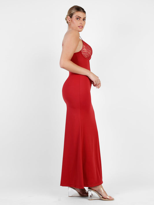 Built-In Shapewear Lace Slip Split Maxi Dress