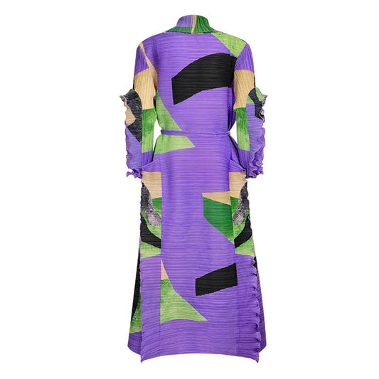 Artistic Color Block V Neck Ruffled Sleeve Self Tie Belted Pleated Midi Dress