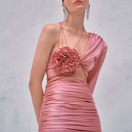 Asymmetrical Rosette Long Sleeve Sheen Satin CutOut Ruched Mini Party Dress