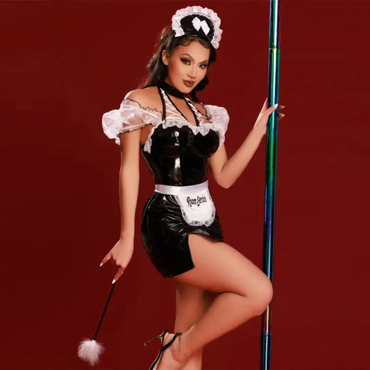 Black PU Naughty French Maid Uniform