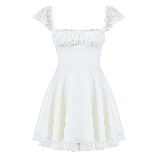 Charming Lace Trim Lace Up Ruched Square Neck Fit and Flare Mini SunDress