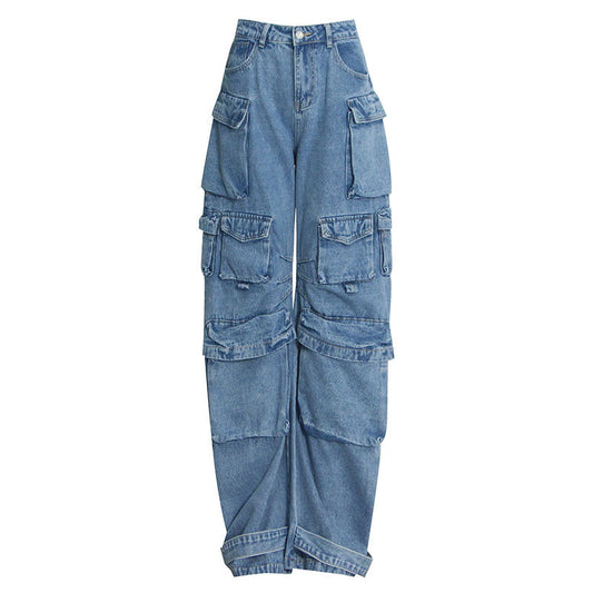 Cool Multiple Pocket Detail High Waist Wide Leg Cargo Jeans