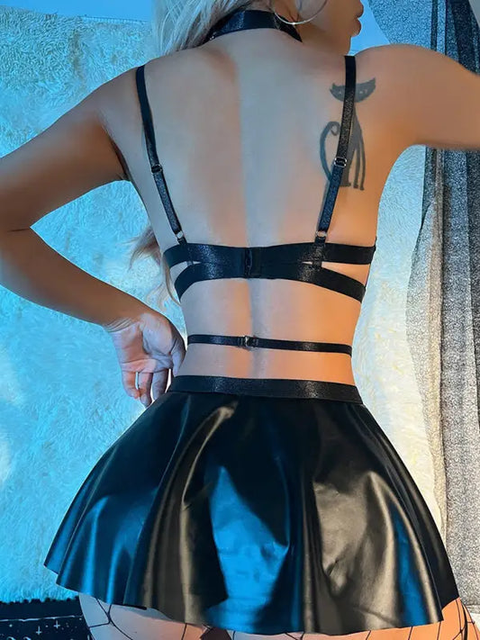 Cosplay Leather Uniform Lingerie - Stockings Included