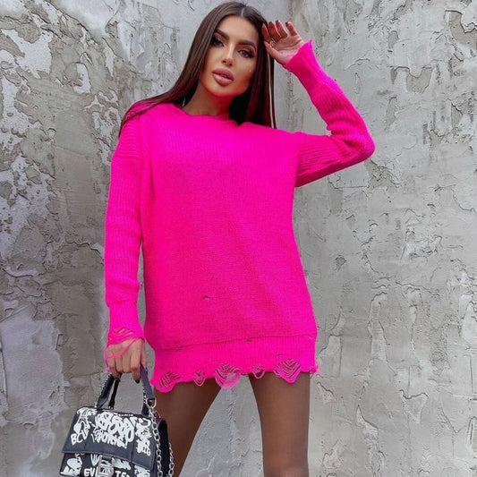 Distressed Trim Oversized Pullover Sweater Mini Dress - Rose