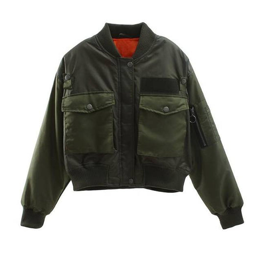 Pocket Decorated Green Bomber Jacket
