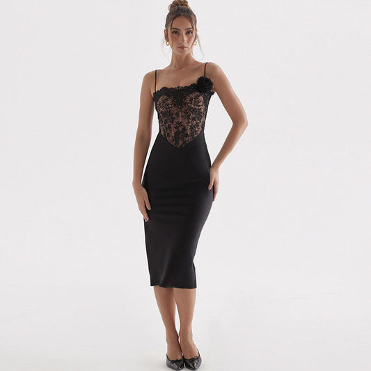 Glossy Satin Floral Lace Corset Bodycon Slip Cocktail Midi Dress - Black