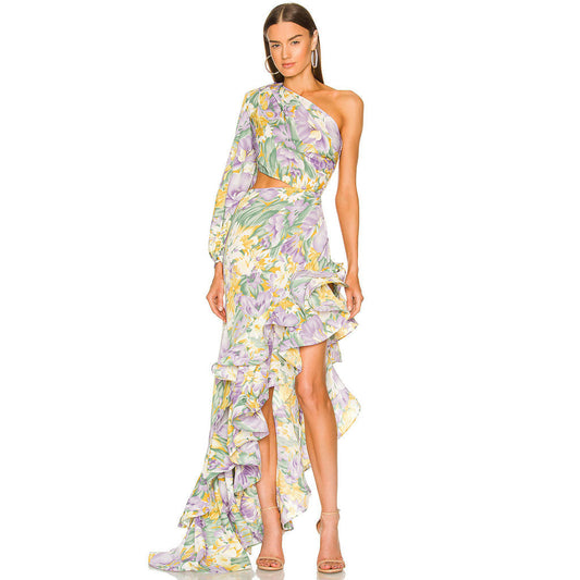 Luxury One Shoulder CutOut Satin Ruffle Floral Evening Dress - Purple