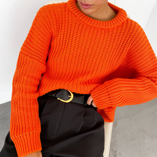 Oversized Ribbed Candy Color Crewneck Pullover Sweater - Orange