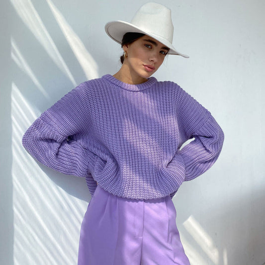 Oversized Ribbed Candy Color Crewneck Pullover Sweater - Purple