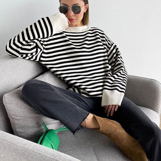 Oversized Striped Crew Neck Drop Shoulder Long Sleeve Sweater - Stripe