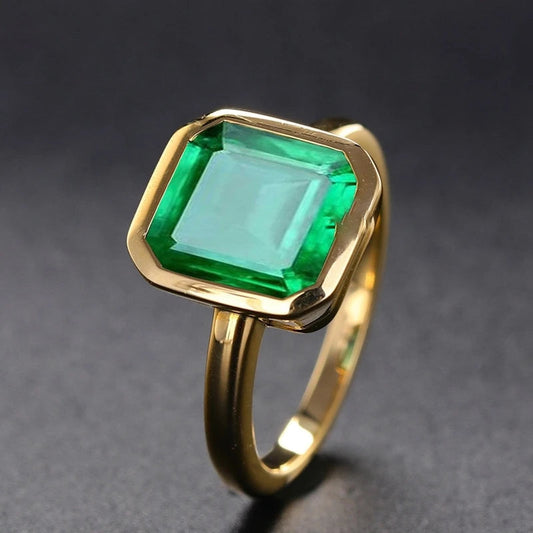 Vintage 925 Golden Rings with Natural 18k Gold Emerald Rectangle Beveled Stone