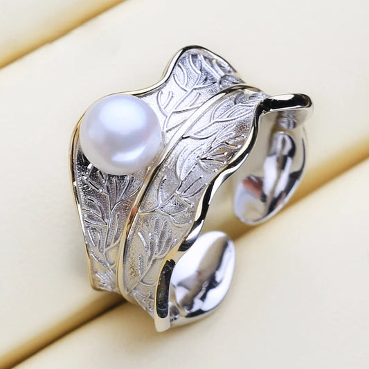 Authentic 925 Sterling Silver Natural Freshwater Pearl Geometric Rings