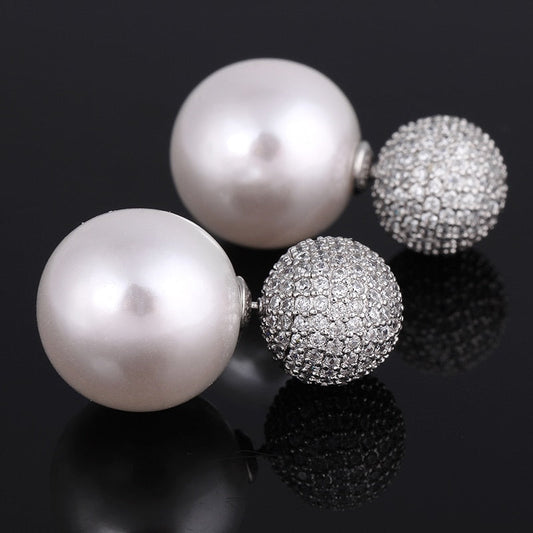 Luxury Simulated Full Prong Silver Pearl CZ Reversible Double Ball Stud Earrings
