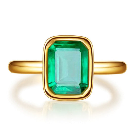 Vintage 925 Golden Rings with Natural 18k Gold Emerald Rectangle Beveled Stone