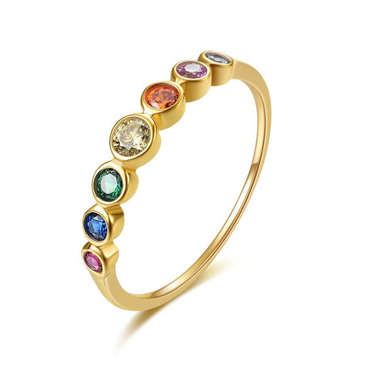925 Sterling Silver Rainbow Gemstones Ring for Women 14K Gold Plated