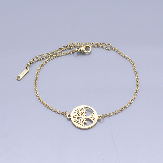 100% Stainless Steel Dainty Round Tree Of Life Charm Bracelet