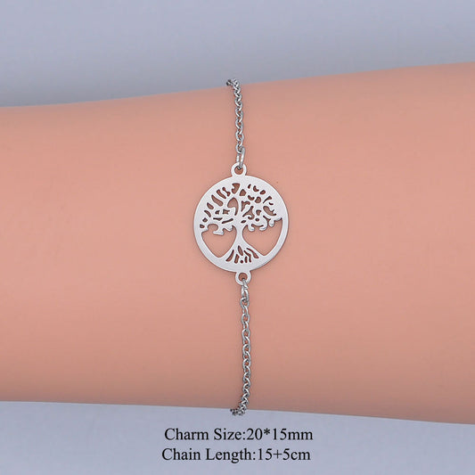 100% Stainless Steel Dainty Round Tree Of Life Charm Bracelet