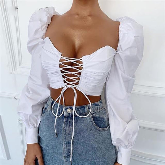 Broadcloth White Lace Up Hollow Out Puff Sleeve Women Crop Top