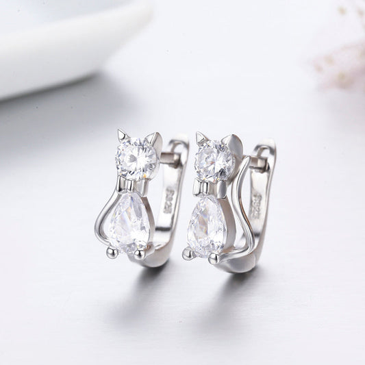Cute Blue Cat CZ 925 Sterling Silver Small Loop Hoop Earrings