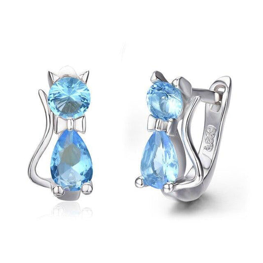 Cute Blue Cat CZ 925 Sterling Silver Small Loop Hoop Earrings