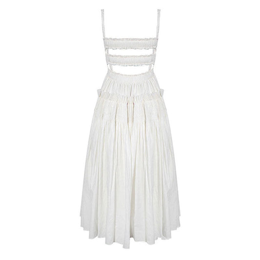 Retro Ruffle Trim Smocked Suspender Strap Fit and Flare Midi Summer SunDress