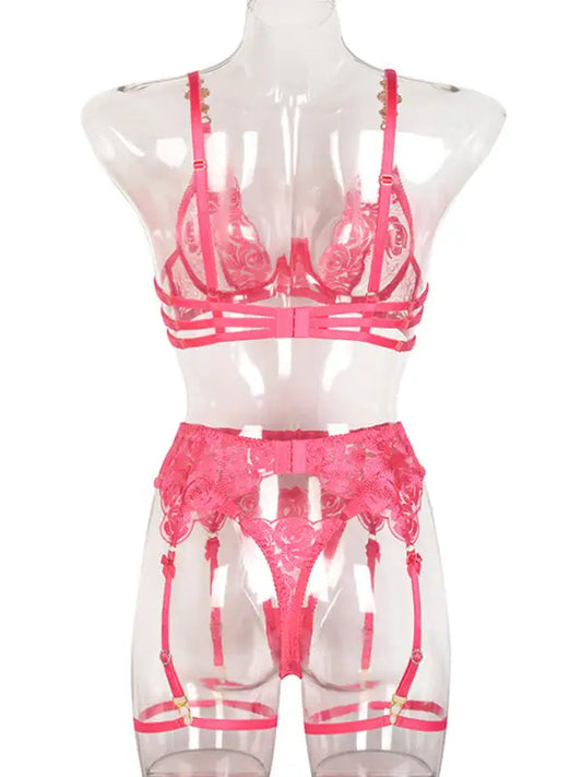 Roses Are Red - Embroidered 3-Pieces Garter Lingerie Set