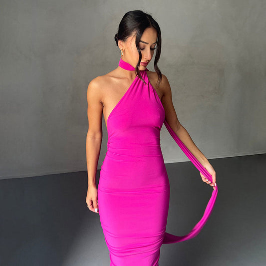 Solid Color One Shoulder Ruched Backless Evening Maxi Dress - Hot Pink