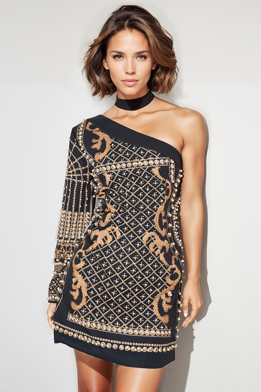 One Shoulder Patterned Dress - Black