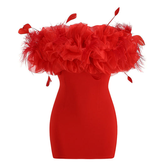 Unmatched Feather Trim Off Shoulder Dress