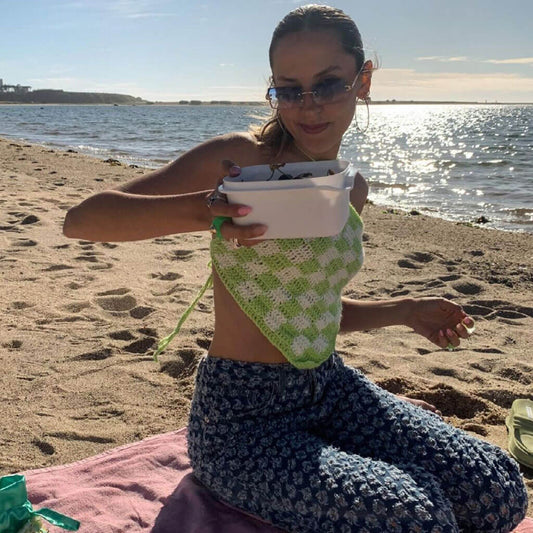 Vacation Ready Plaid Panel Backless Knitted Halter Top - Green